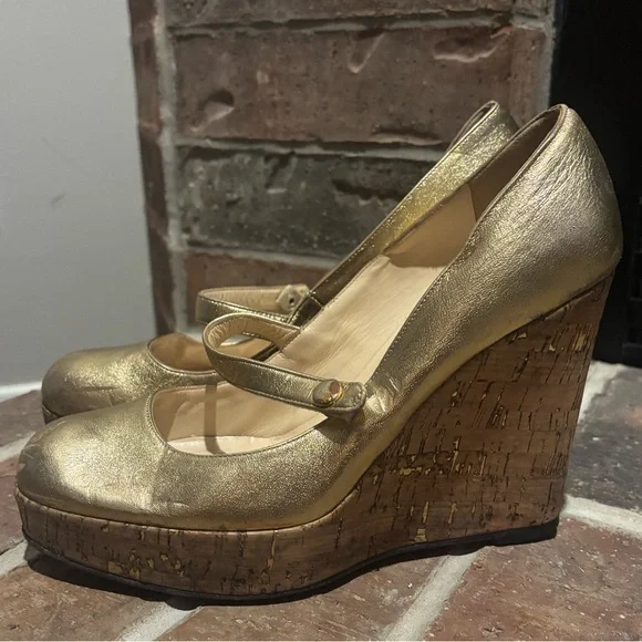 Christian Louboutin Metallic Gold Leather Cork Platform Wedge Mary Jane - Picture 10 of 16